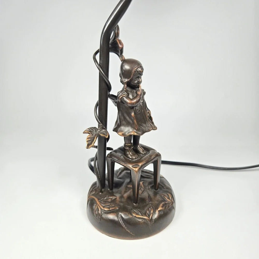 Vintage Juan Clara Bronze Statue Girl on Chair Table Lamp Pink Frost Glass Shade